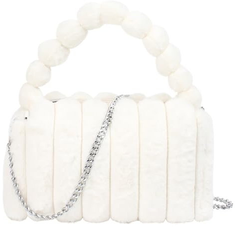 Meliyya Damen Fellimitat Schultertasche Plüsch Umhängetasche Flauschige Handtasche mit Plüsch Top Griff Kette, Weiß