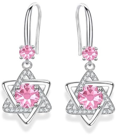 Pink Hexagram Earrings - Sterling Silver Dangle Earrings with Cubic Zirconia, Pink Drop Earrings for Women Girls, Hypoallergenic Dangly Earrings Gifts for Mum Wife Ladies Jewellery Gifts