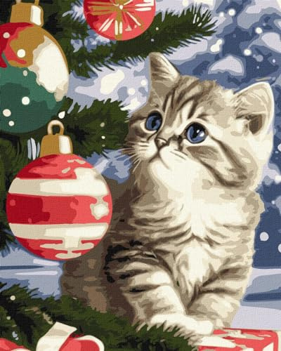 IDEYKA Kätzchen unter dem Weihnachtsbaum - Malen nach Zahlen für Erwachsene, einfaches Acryl-Malen nach Zahlen für Erwachsene, malen nach zahlen erwachsene mit rahmen,DIY-als Geschenk, 40х50cm