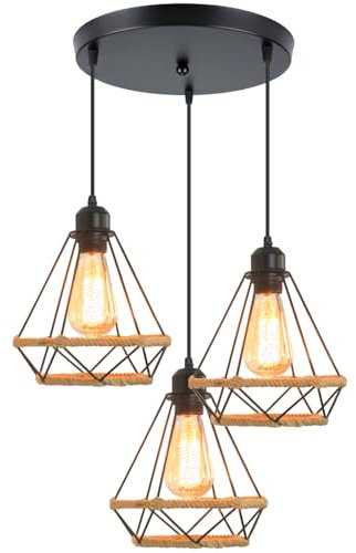 iDEGU 3 Hängeleuchten Industrielle 20 cm Kronleuchter Deckenleuchte Vintage Schwarz Lampenschirm Käfig aus Metall und Hanfseil E27 Deckenbeleuchtung für Esszimmer Wohnzimmer Restaurant