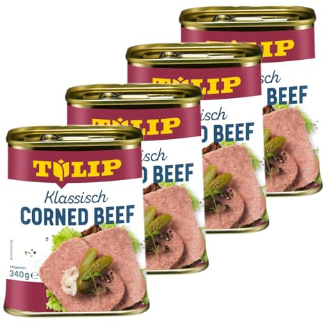 TULIP 4x Corned Beef 340 g | Klassisches Frühstücksfleisch in der Dose | Zartes gepökeltes Fleisch in der Konserve | Konservenfleisch mit 98% Rindfleisch