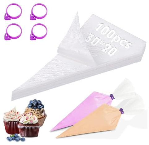 Ziamzra Poche a Douille 100 Pièces Poche a Douille Patisserie Moyen Poches a Douille Jetables Transparent avec 4 Pièces Attaches Silicone Violet pour Décorer Pâtisseries Biscuits Gâteaux Cuisson