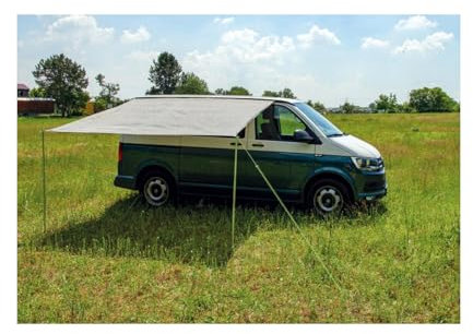 Toldo para camping, 390 x 190 cm, toldo para autobús, caravana, autocaravana con barras de soporte, lino y estacas