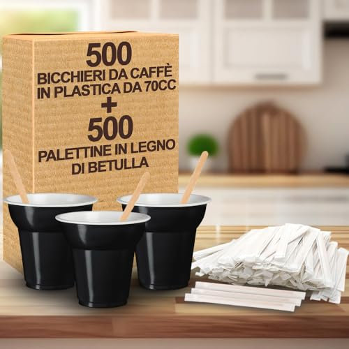 GM KIT 500 Bicchieri in Plastica Neri da Caffè da 70 ML + 500 Palettina da Caffe' in Legno di Betulla imbustate singolarmente