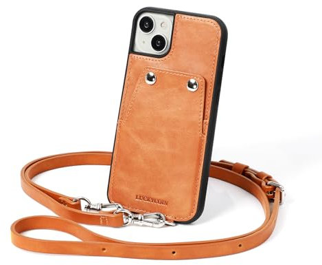 LUCKYCOIN Leather Wallet Phone Case for iPhone 14 Plus with Wrist Strap/Card Holder,Genuine Leather Travel Crossbody Case for Women,Purse Cover for Girl,Pouch Case with Adjustable Neck Cord-Brown