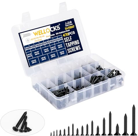 WELLOCKS Selbstschneidende Schrauben | 470 PCS M2/M3/M4/M5/M6 Schwarzes Oxid Edelstahl Schrauben Sortiment Kit | Flacher Kopf Blechschrauben Holzschrauben Set Aufbewahrungsbox | für Reparatur(S470BKF)
