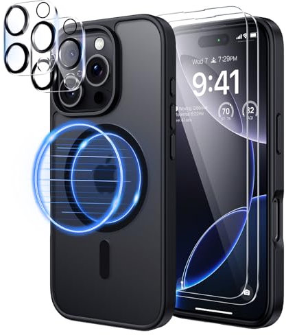 seacosmo 5 in 1 Magnetic for iPhone 16 Pro Max Case with 2X HD Screen Protector + 2X Camera Lens Protector, [15 FT Grade Protection] Shockproof Phone Cover for iPhone 16 Pro Max 6.9 Inch, Matte Black