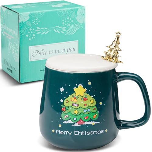 ZONSUSE Tazza Albero di Natale, Tazza da Caffè Natalizia Originale,Tazza di Buon Natale,Tazza Natalizia con Coperchio e Paletta per Albero di Natale,Regali Natale Originali Donna Uomo 380ml(B-Verde)
