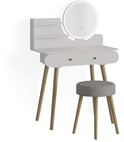 Vicco Schminktisch Edda, Kosmetiktisch mit Spiegel, Weiß, 80 cm mit LED Beleuchtung und Hocker