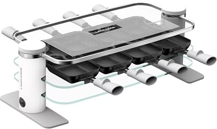 LAGRANGE Raclette-Gerät für 8 Personen, 1000 W, Glasplatten, abnehmbare obere Platte für einfache Reinigung, integrierte Pfännchenablage, schlichtes Design, Ein-/Ausschalter, 079801