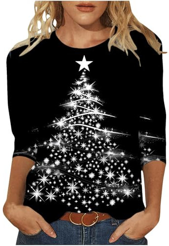Keepink Weihnachtspullover für Damen, Übergröße 36-52, Glitzer, Weihnachtsbaum-Druck, 3/4-Ärmel, Tops, Baumwolle, Rundhalsausschnitt, Pullover, Bluse, elegant, lässig, Tunika, T-Shirt,