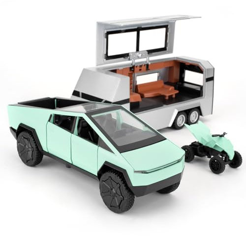 TGRCM-CZ 1/32 Tesla Cybertruck Electric Pick-Up Model Car with RV and Motorcycle, Zinc Alloy Pull Back Toy Car with Sound and Light for Kids Boys Girl Gift (Green)