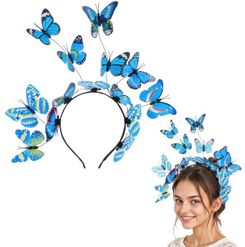 Tyqour 14 Papillons, serre-têtes papillon -Coiffe Papillon - Bleu - Pour carnaval, fascinateur et fée