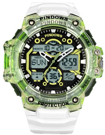 PINDOWS Militär Uhr Herren Digitaluhr, Outdoor Sportuhr Tactical Watch Military 5 ATM Wasserdicht Stoppuhr Sport Männer mit 12/24H Alarm LED Kalender Countdown,Crystal Green