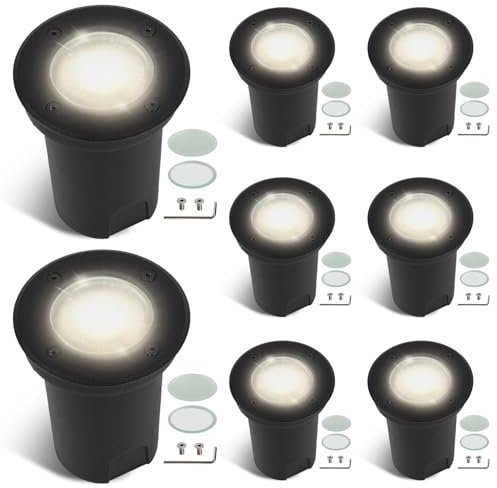Fiqops 8er Set Bodenstrahler außen IP67,Bodeneinbaustrahler aussen mit LED GU10 3W Naturweiß (Wechselbar) rund Bodenleuchten Schwenkbar Mit Mattierten Ersatzlinsen Bodenspot befahrbar 230V