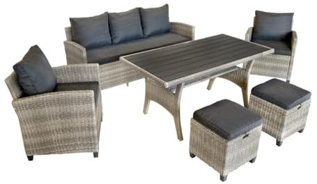 Green Spirit Garten Dininglounge-Set Alpina II - Grau, Polyrattan, für 7 Personen, Wetterfest, Gartenmöbel-Set mit 3-Sitzer Sofa, Tisch, 2X Sessel, 2X Hocker - ESS-Gruppe, Garten-Sitzgruppe