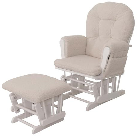 Mendler Relaxsessel HWC-C76, Schaukelstuhl Sessel Schwingstuhl + Hocker Stoff Bouclé 480g/m² Öko-Tex - Creme Gestell weiß