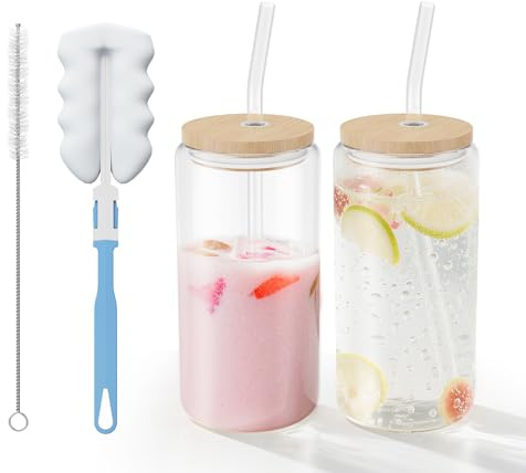 UISEBRT Bubble Tea - Juego de 2 tazas de té con tapa y pajita, cristal de borosilicato de 550 ml, vasos con tapa de bambú, pajita de cristal, café helado, batidos, cócteles, sostenibles