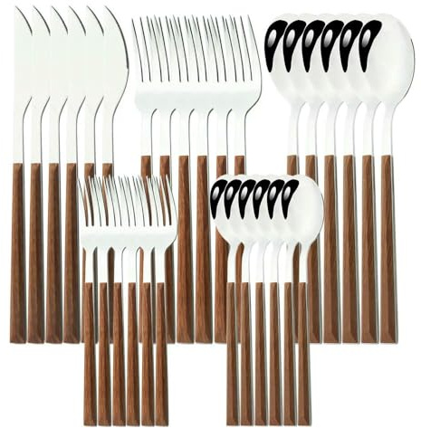 GYMIGE Ensemble de Couverts de Table en Acier Inoxydable avec Manche en Bois Imitation, 24/30 pièces, Vaisselle Occidentale, Couteaux, fourchettes, cuillères, argenterie