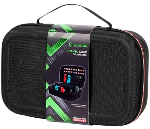 Battletron Pochette de Transport Rigide pour Nintendo Switch & OLED - Étui de Rangement XXL pour Console, Dock, Manettes Pro, 18 Jeux et Accessoires - Housse de Voyage Antichoc Noire avec Poignée