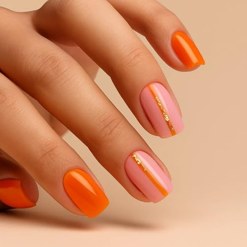 24 PCS Vibrant Orange Short Square Press On Nails with Soft Pink Gold Glitter Stripe - Minimalist Glamorous Design for Women, Party Style Daily Wear False Nails Kit with Glossy Finish, Easy