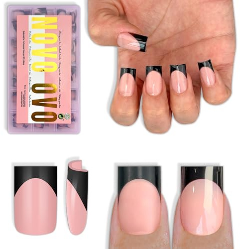 NOVO OVO Short Sharp Square Black French Tip Nail Tips Press on BABY PINK, Kurzes scharfes Quadrat Nägel,Top Coat Nagelkleber,vollständige Abdeckung verlängernnägel für DIY,15 Größen 240 Stück