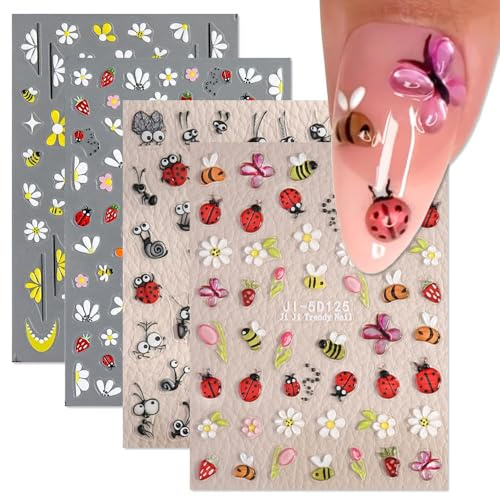 CHarmeFleur Niedliche Biene Marienkäfer Ameise Nagelkunst Aufkleber 4 Blätter 5D Relief Selbstklebende Nageldekoration Blumen Gänseblümchen Schmetterling Erdbeere