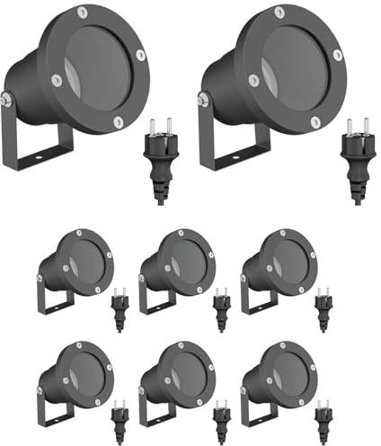 ledscom.de 8x Gartenstrahler DUK für außen, IP65, Stecker, anthrazit, 1x GU10 max. 15W