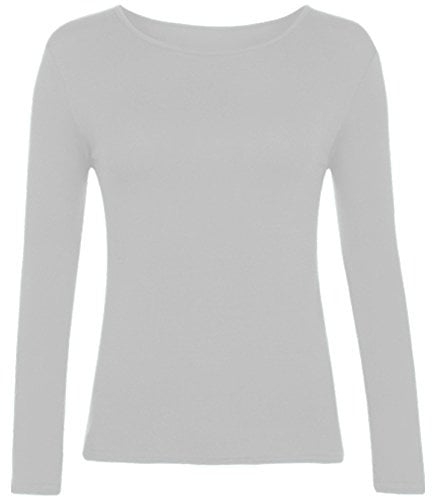 Women Long Sleeve T-Shirt Top Basic Casual Plain Stretch Vest Body Blouse Tee Layering, M/L 12-14, White