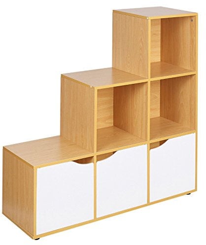 URBNLIVING Libreria a 6 gradini in faggio + 3 ante bianche