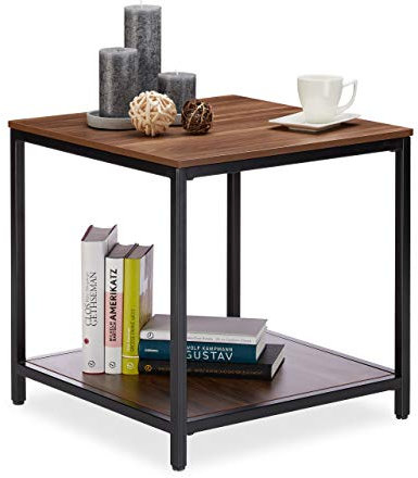 Relaxdays Beistelltisch, 2 Holzablagen, Metallgestell, robust, quadratisch, Flacher Couchtisch 51 cm hoch, schwarz-Natur