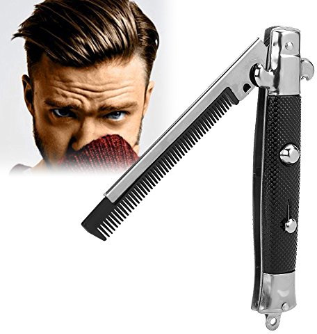 Switchblade Pocket Comb, Foldable Push Button Automatic Stainless Steel Hair Trimmer Combs for Beard Mustache, Men Oil Hair Styling Accessories
