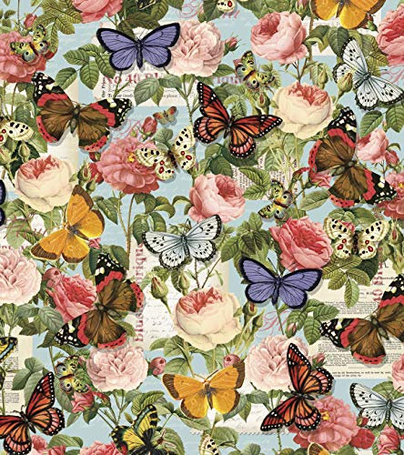 Baumwollstoff, Schmetterlinge und Rosen, Meterware