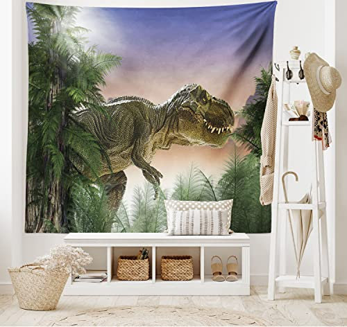 ABAKUHAUS Jurassic Wandteppich, Dinosaurier im Dschungel aus Weiches Mikrofaser Stoff Waschbar ohne Verblassen Digitaldruck, 150 x 110 cm, Pfirsich Grün