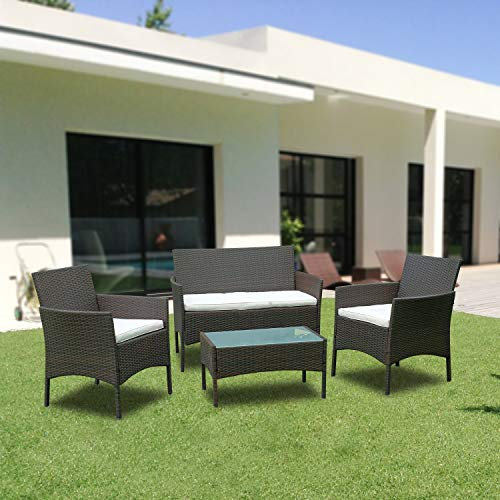 VINGO Gartenmöbel Set Robustes Polyrattan Lounge Set Brown Balkonmöbel Mit 2er Sofa, Singlestühle, Tisch und Sitzkissen für Balkon Terrasse