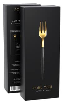 FORK YOU Juego de cubiertos de postre, color negro y dorado mate (8 piezas) para 4 personas, acero inoxidable, apto para lavavajillas, en caja de regalo de alta calidad