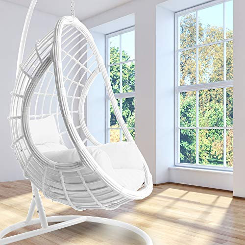 Kideo Komplettset: weißer Hängesessel mit Gestell & Kissen, Schwingsessel, Poly-Rattan, Loungemöbel, Lounge weiß