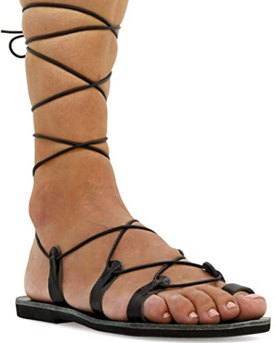 Emmanuela Sandalias altas de cuero en estilo griego antiguo, Sandalias de gladiador hechas a mano, Zapatos de verano, Sandalias con cordones Cocodrilo negro, 37 EU