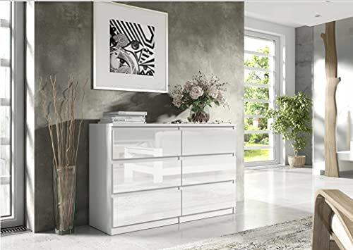 3xEliving Commode élégante et spacieuse Demii 6 tiroirs 140cm, Blanc Mat/Blanc Brillant, Parfaite pour Le Salon, Le Bureau, la Chambre. Dimensions: 140 x 38 x 78 cm