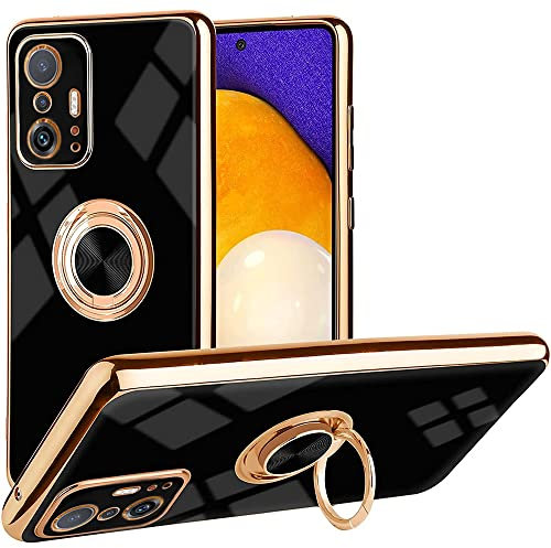 iBEX Handyhülle für Xiaomi Mi 11T 5G / 11T Pro 5G,Überzug Glänzende TPU-Schutzhülle Mit Ringständer, Roségoldene Kante Stoßfester Kantenstoß, Schlanke, Weiche TPU-Hülle-Schwarz