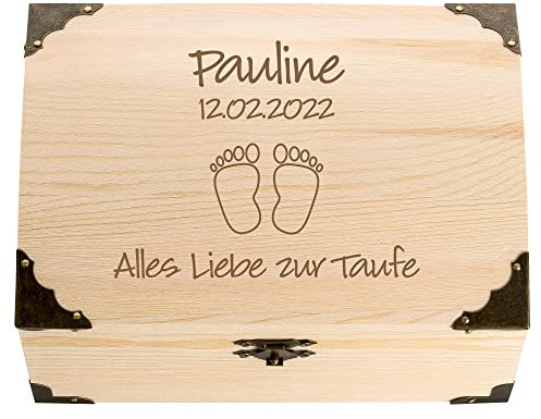 4youDesign Schatztruhe zur Taufe mit persönlicher Gravur – Motive Füße – personalisiertes Geldgeschenk mit Name & Datum – Erinnerungsbox (Füße)