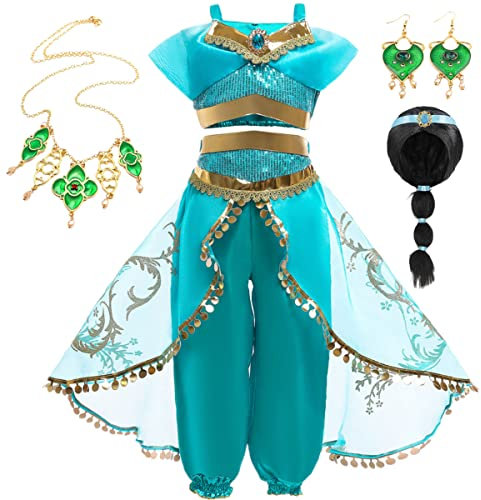 YOGLY Mädchen Prinzessin Jasmin Kostüm Cosplay Halloween Weihnachten Karneval Prinzessin Geburtstag Party Verkleidung Aladdin Tanzen Oberteile und Hosen Kleid mit Perücke Zubehör Kinder 3-9 Jahre