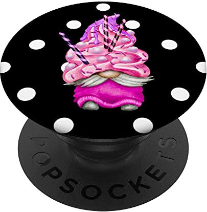 Pink Milkshake Summer Garden Gnome on Black White Polka Dots PopSockets Swappable PopGrip