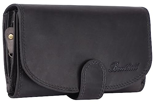 Benthill Damen Geldbörse Echt Leder - Portemonnaie mit RFID Schutz - Portmonee viele Kartenfächer - Echtleder Vintage Damenbörse inkl. Geschenkbox, Farbe:Grau