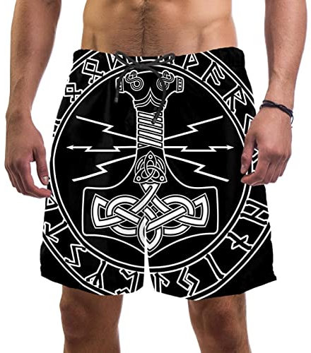 XQSSB Thor's Hammer Mjollnir and Scandinavian Pattern Swim Trunks Swimsuit Beach Surfing Shorts for Men L Multicoloured