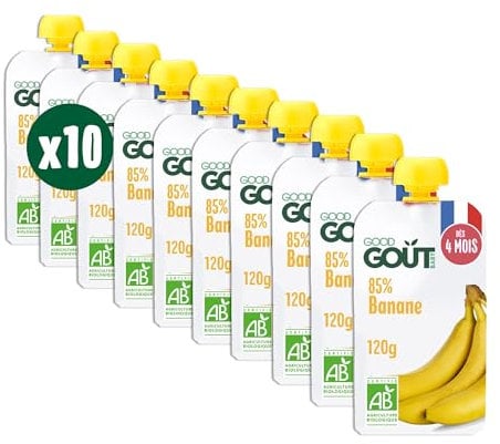 GOOD GOÛT - Gourdes Banane - Purée Bébé - Dès 4 Mois - 85 % Banane - Sans Sucres Ajoutés* - Fabriqué En France - 10x120g
