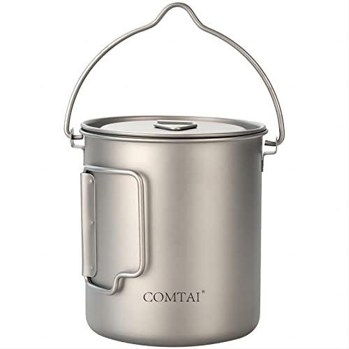 COMTAI Titanium Camping Pot 750ml/26 oz Backpacking Cookware Mug with Lid and Fotable Handle, Titanium Cup for Outdoor Hiking Camping Cooking