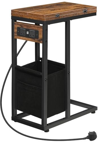 HOOBRO Bedside Table with Charging Station, C Shaped Side Table, Foldable Sofa Side Table Small Tables, 2 USB Ports and 2 AC Outlets, Laptop Table with Fabric Bag, Rustic Brown and Black EBF30KSF01