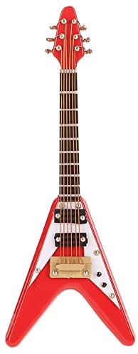 Puppenhaus-Gitarre, dekorative rote Miniatur-E-Gitarre aus Holz in V-Form mit Aufbewahrungskoffer für das Schlafzimmer