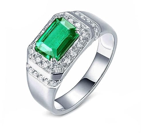 Smaragd Ring Echt, Hochzeitsringe Männer Pt950 Platin Smaragdform Rechteck Weißes Gold für Geburtstag Größe 61 (19.4)